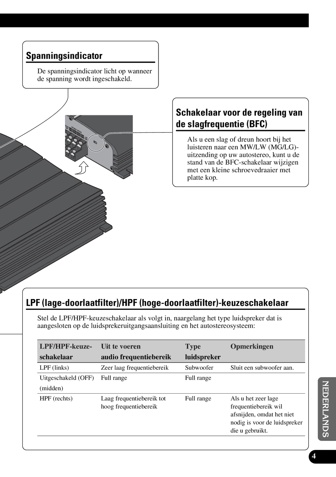 Pioneer GM-X354 owner manual Spanningsindicator, Schakelaar voor de regeling van de slagfrequentie BFC, Die u gebruikt 