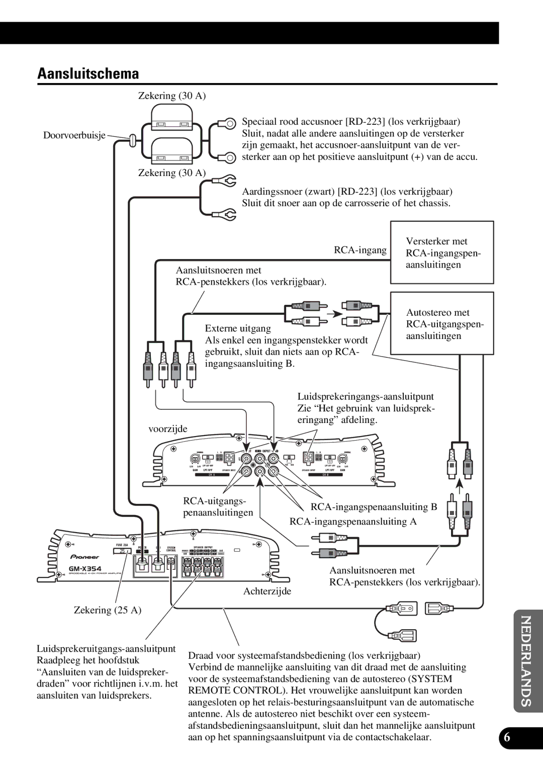 Pioneer GM-X354 owner manual Aansluitschema, Draad voor systeemafstandsbediening los verkrijgbaar 