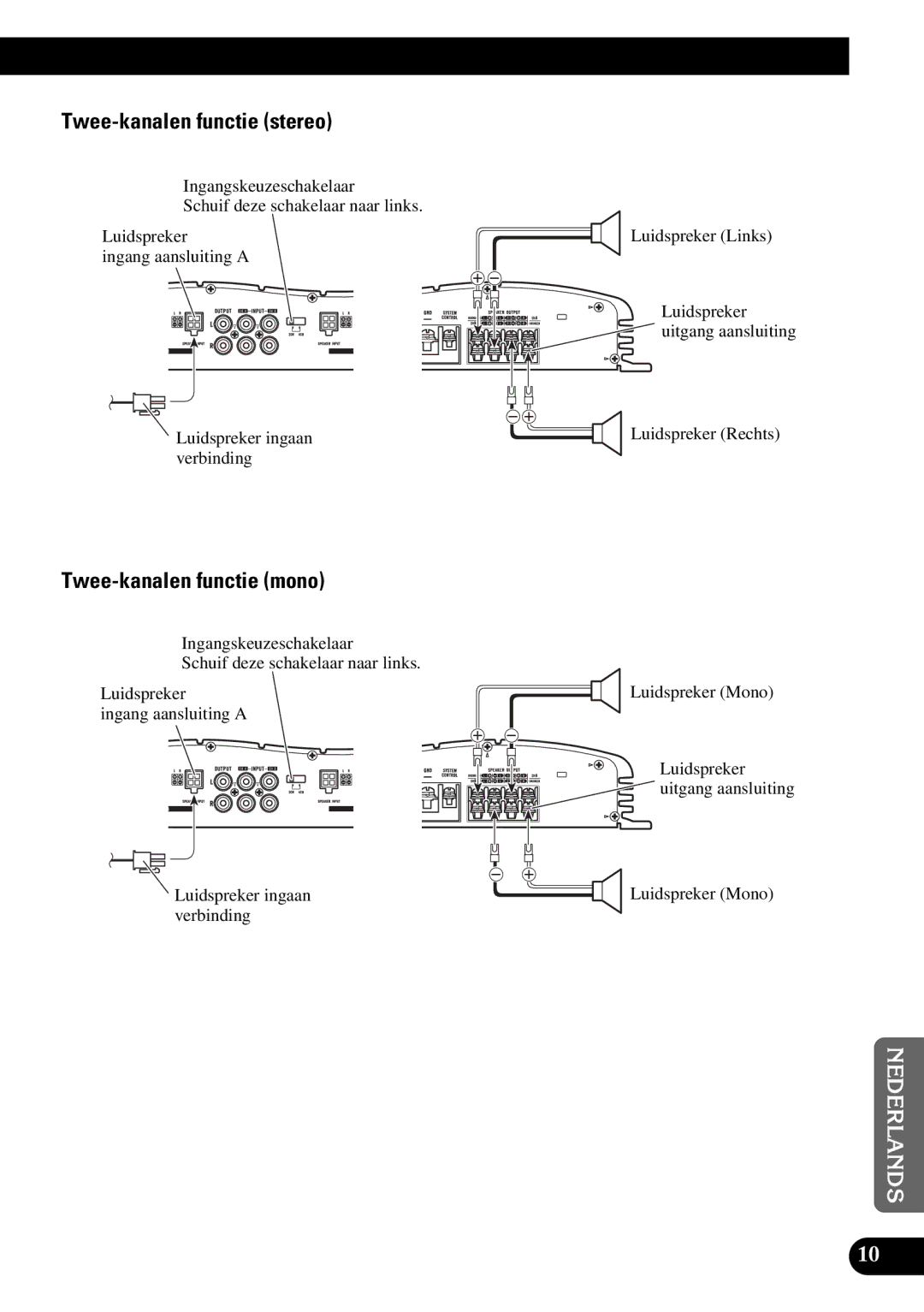 Pioneer GM-X354 owner manual Twee-kanalen functie stereo, Twee-kanalen functie mono 