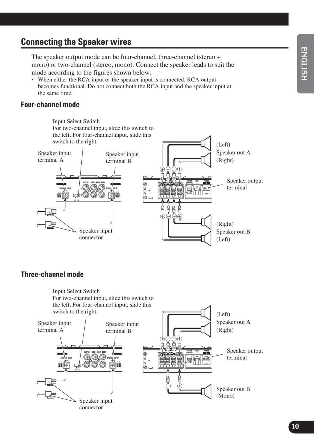 Pioneer GM-X574, GM-X374 Connecting the Speaker wires, Four-channel mode, Three-channel mode, Terminal a Terminal B 