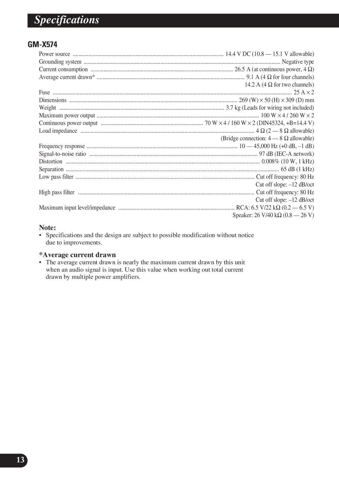 Pioneer GM-X374 owner manual Specifications, GM-X574, Average current drawn 