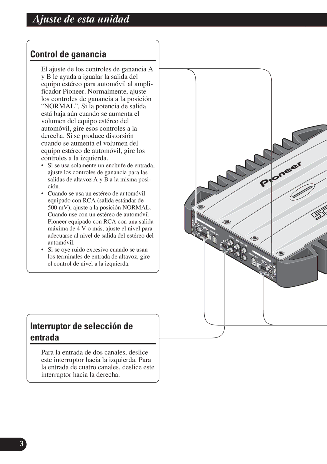 Pioneer GM-X374, GM-X574 owner manual Ajuste de esta unidad, Control de ganancia, Interruptor de selección de entrada 