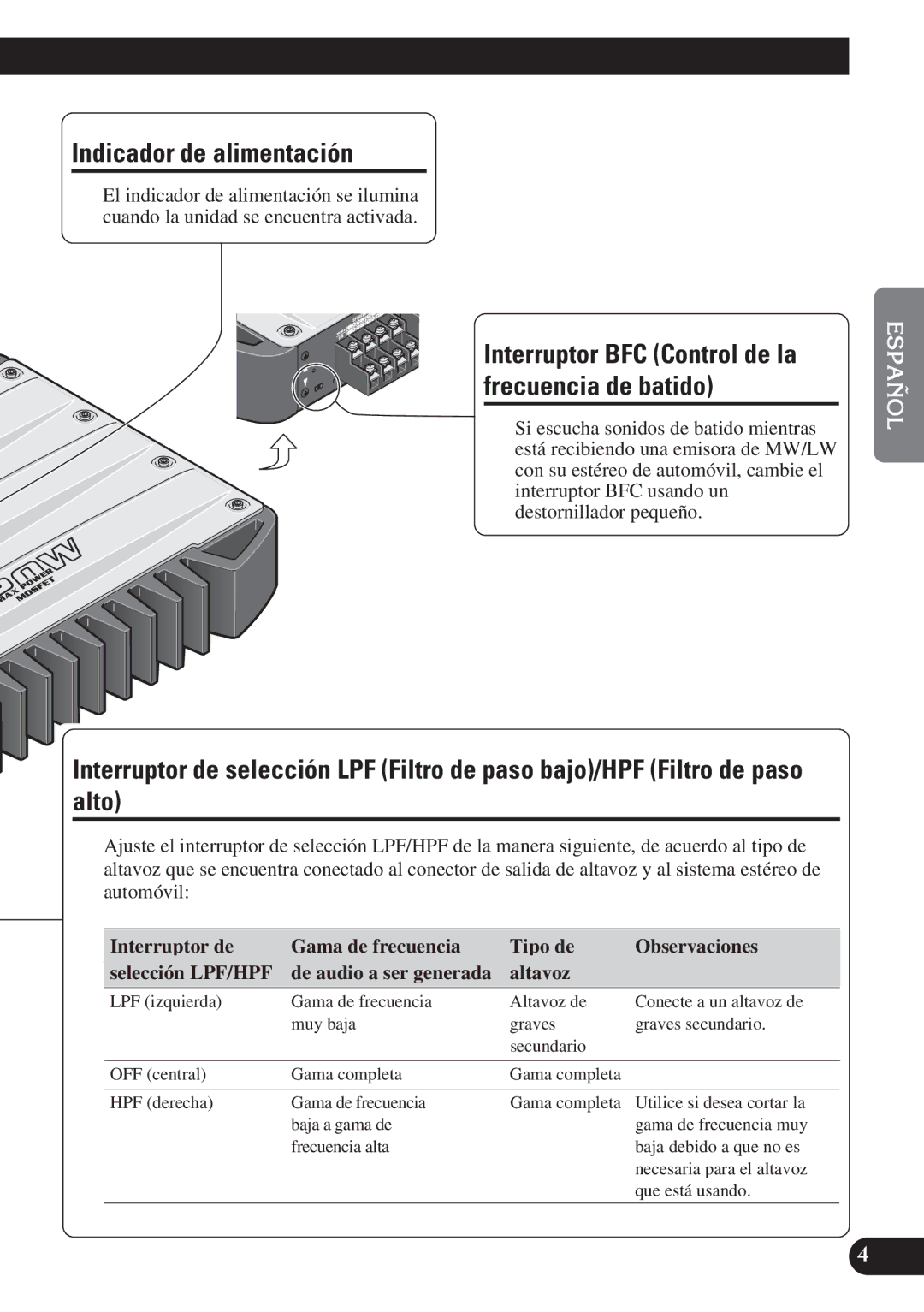 Pioneer GM-X574, GM-X374 owner manual Indicador de alimentación, Interruptor BFC Control de la frecuencia de batido 