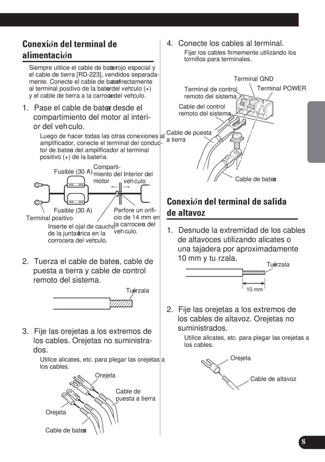 Pioneer GM-X574, GM-X374 owner manual Conexión del terminal de alimentación, Conexión del terminal de salida de altavoz 