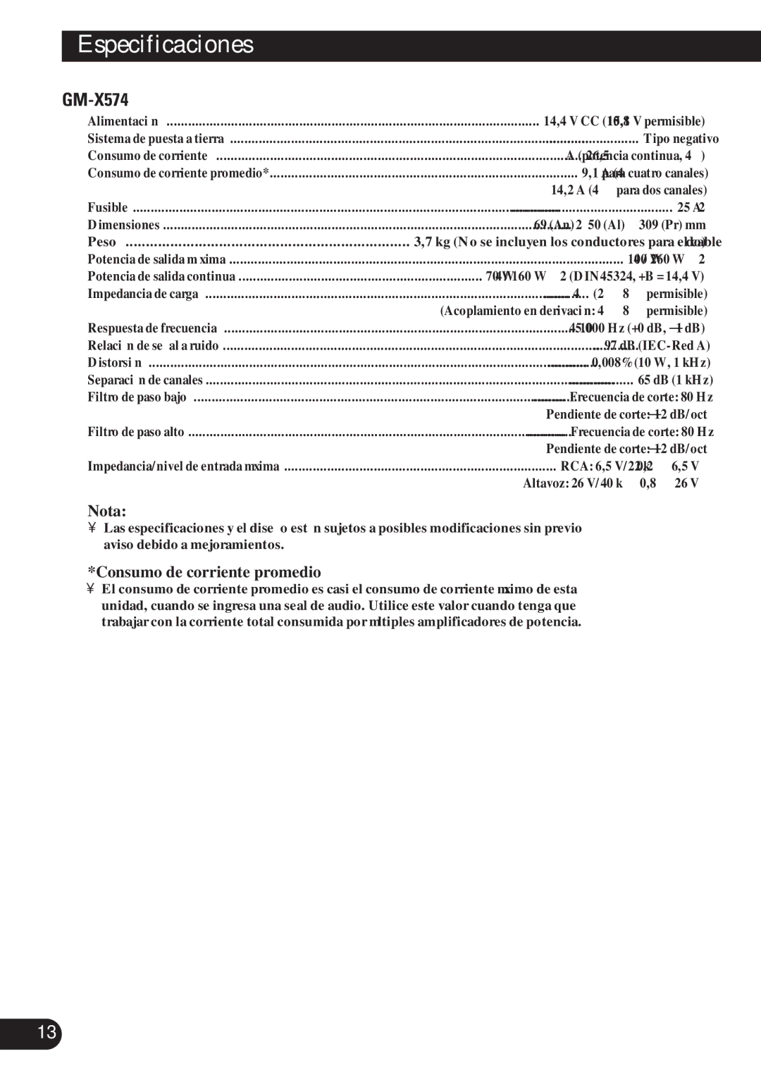 Pioneer GM-X374, GM-X574 owner manual Especificaciones, Nota, Consumo de corriente promedio 