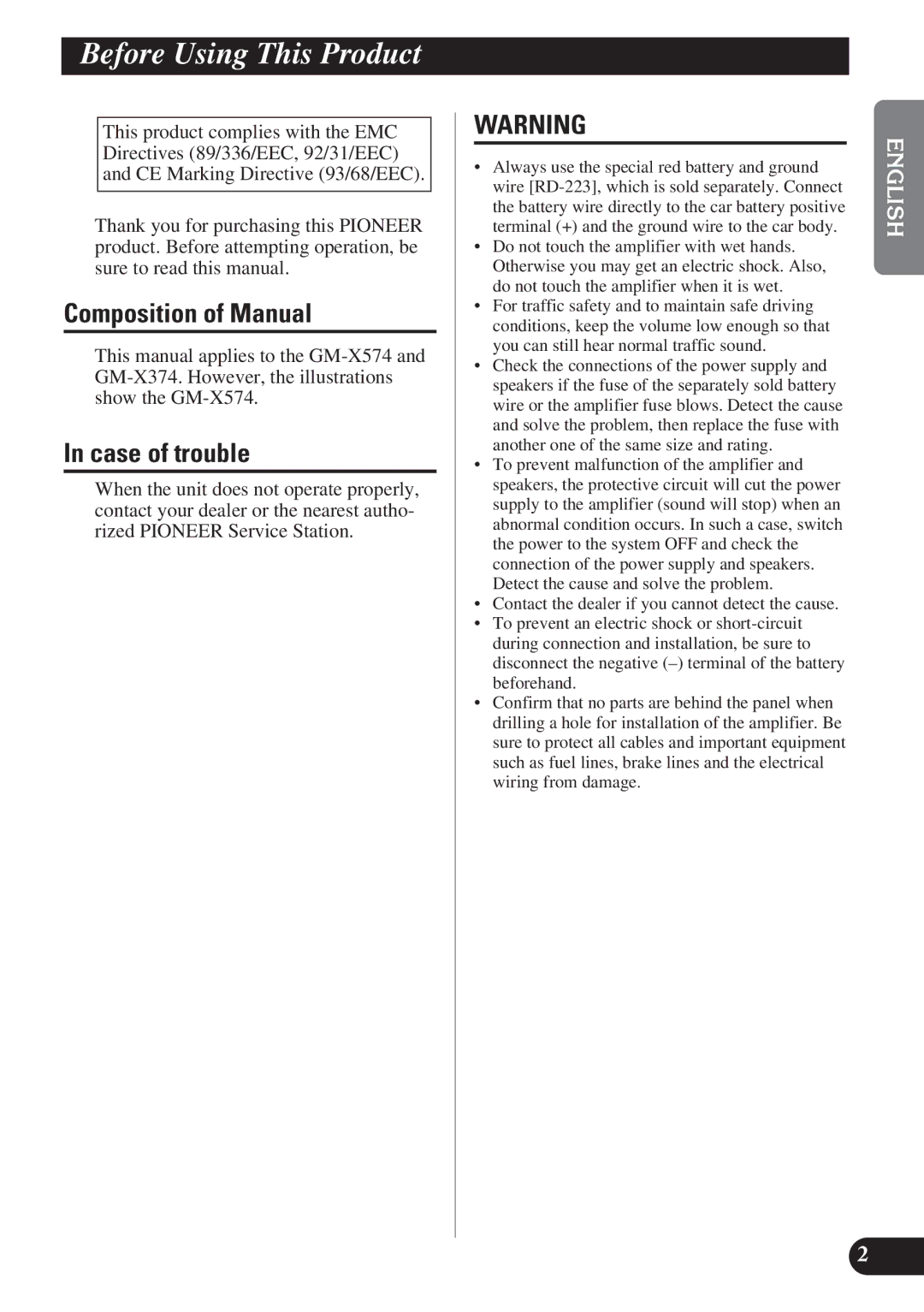 Pioneer GM-X574, GM-X374 owner manual Before Using This Product, Composition of Manual, Case of trouble 