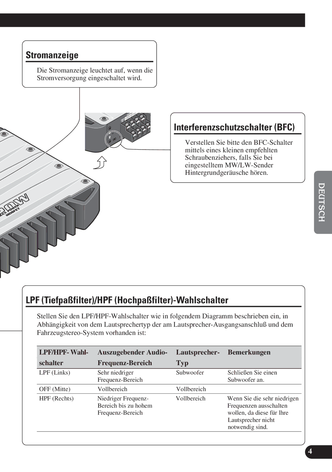 Pioneer GM-X574, GM-X374 Stromanzeige, Interferenzschutzschalter BFC, LPF Tiefpaßfilter/HPF Hochpaßfilter-Wahlschalter 