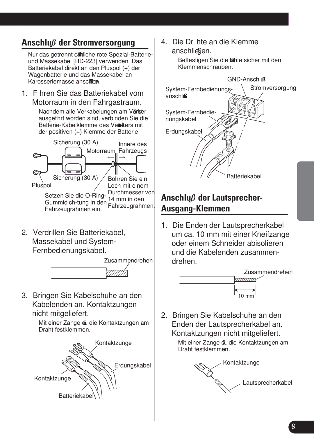 Pioneer GM-X574, GM-X374 owner manual Anschluß der Stromversorgung, Anschluß der Lautsprecher- Ausgang-Klemmen 