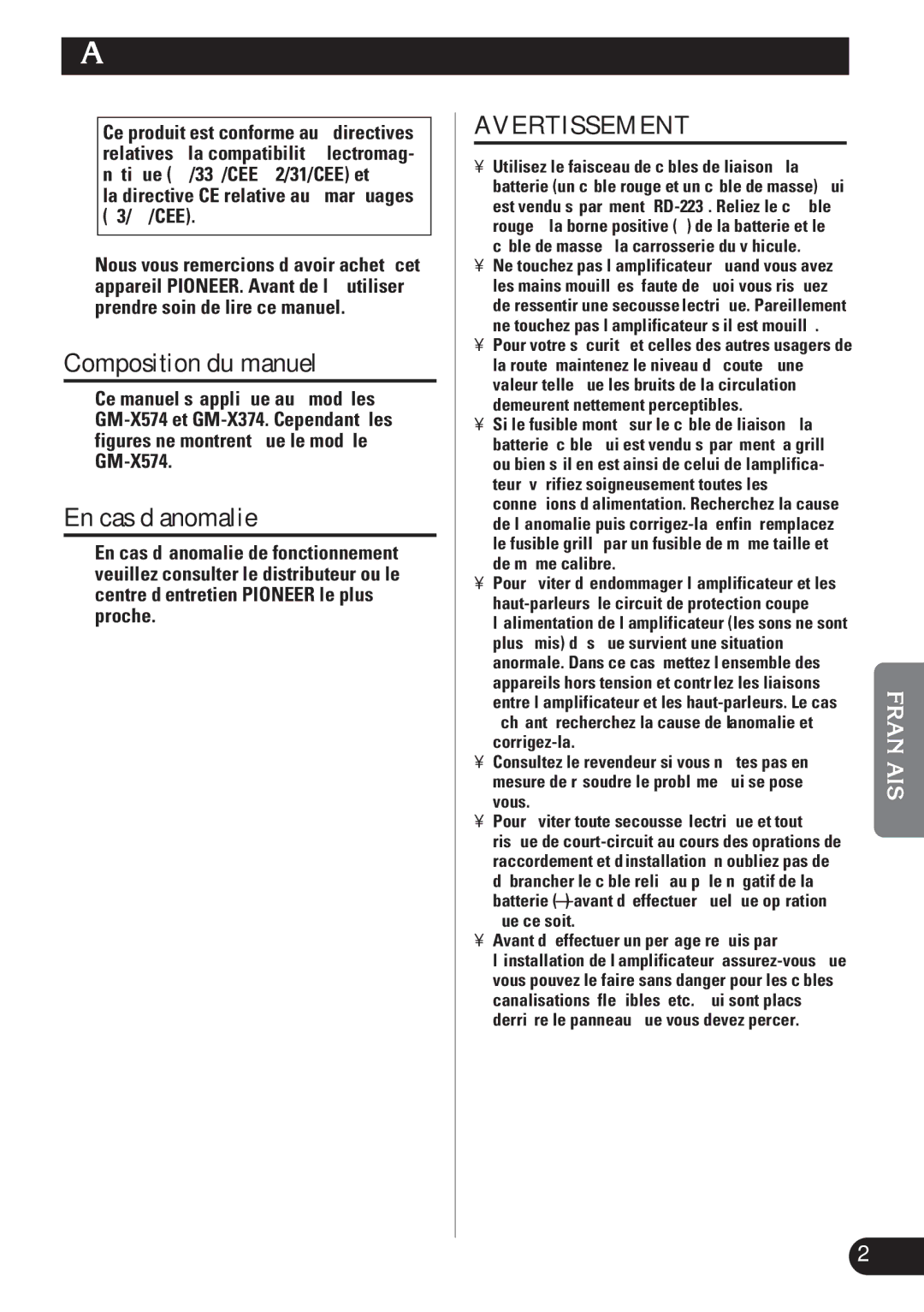 Pioneer GM-X574, GM-X374 owner manual Avant d’utiliser cet appareil, Composition du manuel, En cas d’anomalie 