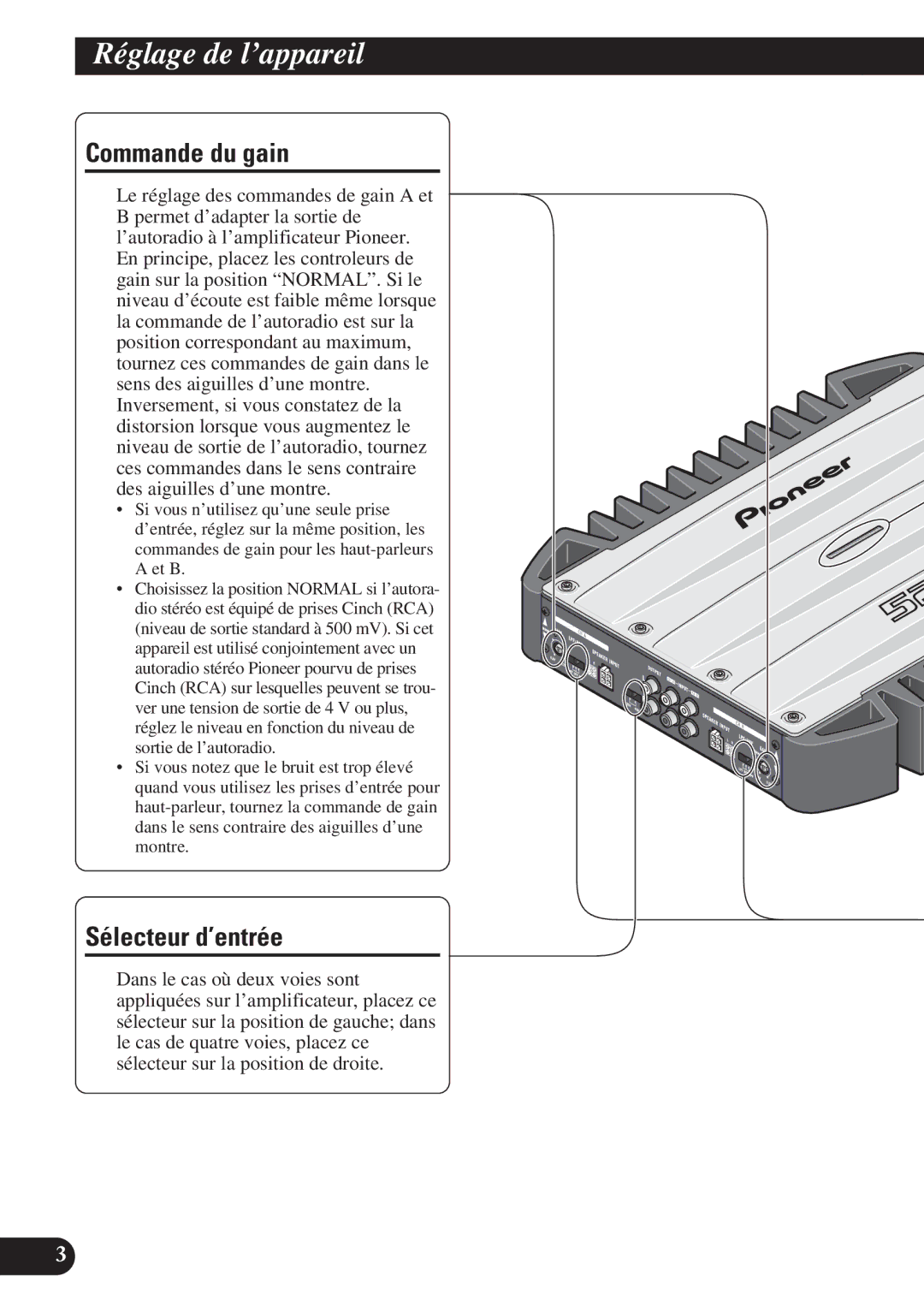 Pioneer GM-X374, GM-X574 owner manual Réglage de l’appareil, Commande du gain, Sélecteur d’entrée 