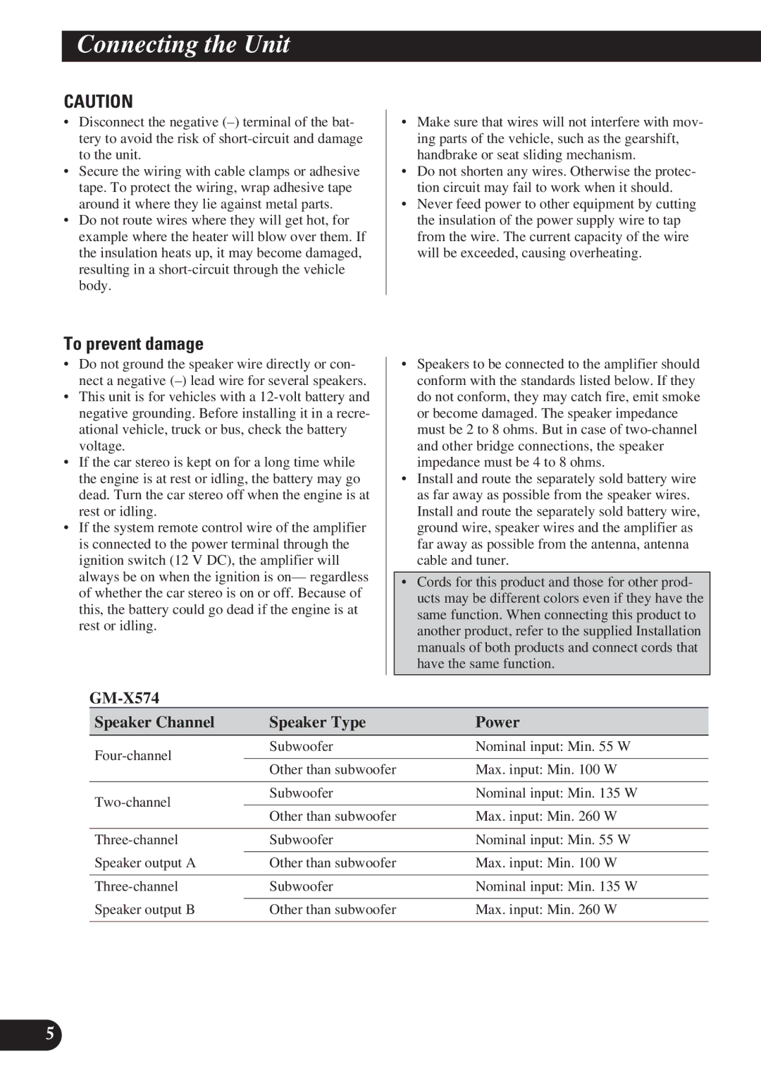 Pioneer GM-X374 owner manual Connecting the Unit, To prevent damage, GM-X574 Speaker Channel Speaker Type Power 
