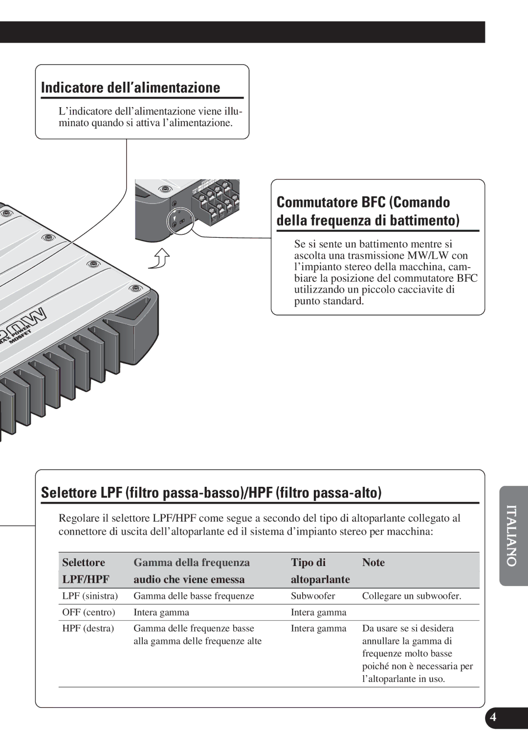 Pioneer GM-X574, GM-X374 owner manual Indicatore dell’alimentazione, Selettore LPF filtro passa-basso/HPF filtro passa-alto 