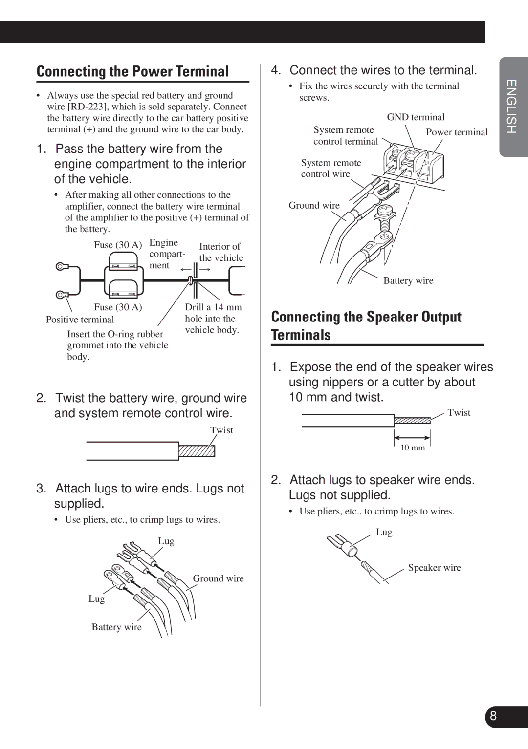 Pioneer GM-X574, GM-X374 owner manual Connecting the Power Terminal, Connecting the Speaker Output, Terminals 