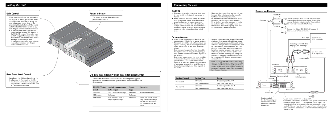 Pioneer GM-X542 owner manual Setting the Unit, Connecting the Unit, Gain Control, Power Indicator, Connection Diagram 