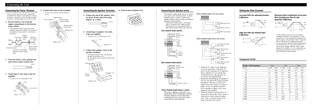 Pioneer GM-X542 Connecting the Power Terminal, Connecting the Speaker wires, Setting the Filter Constant, Component Guide 