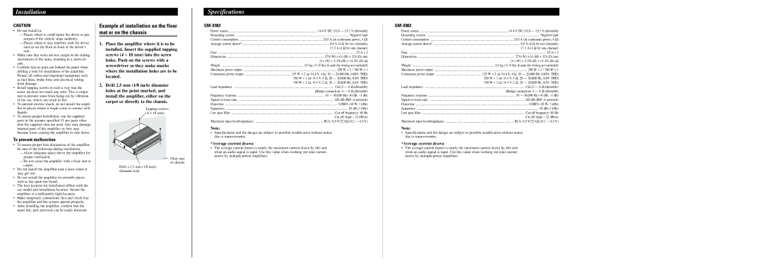 Pioneer GM-X862 Specifications, Example of installation on the floor mat or on the chassis, To prevent malfunction 