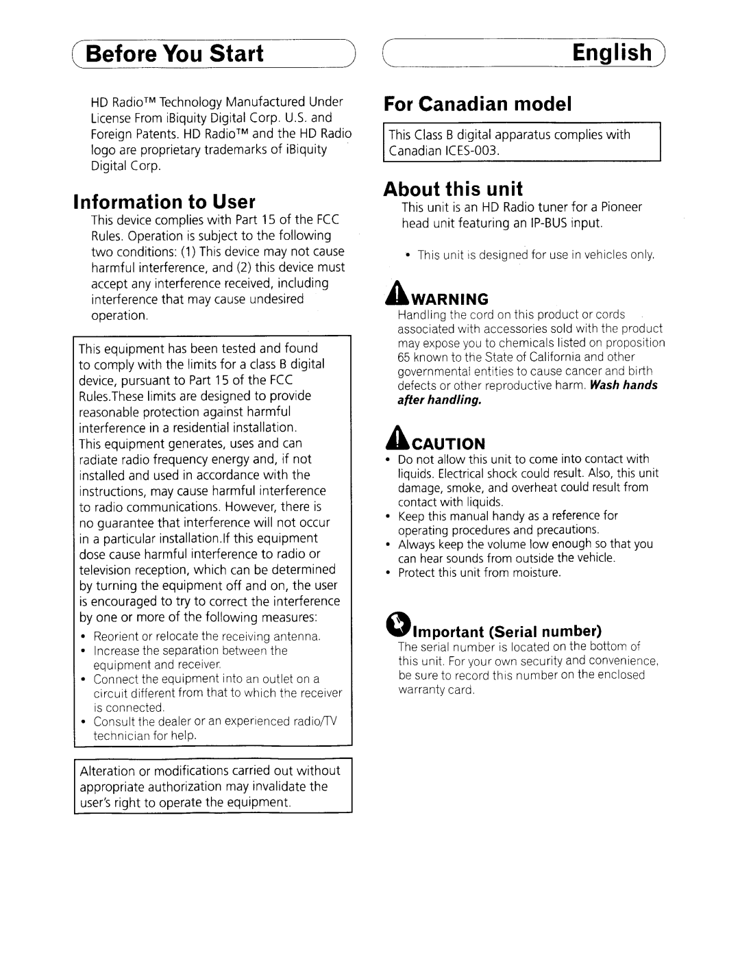 Pioneer HD Radio Tuner manual CBefore/louStart~, Qlmportant Serial number 