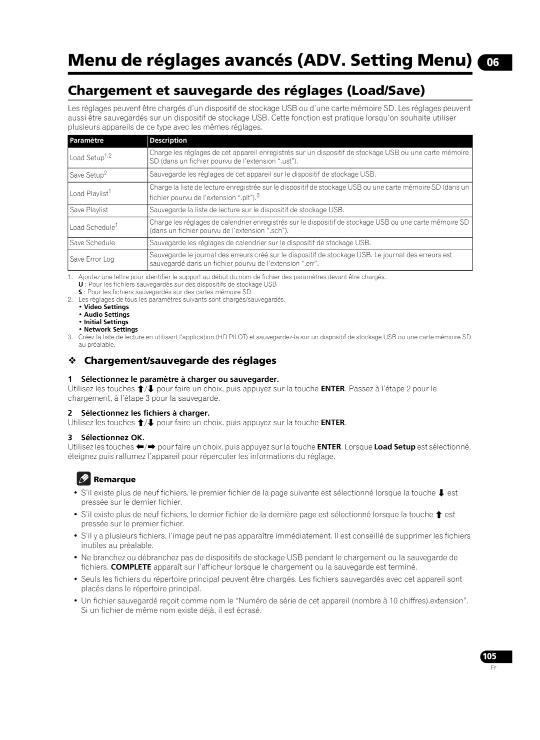 Pioneer HD-V9000 manual Menu de réglages avancés ADV. Setting Menu, Chargement et sauvegarde des réglages Load/Save, 105 