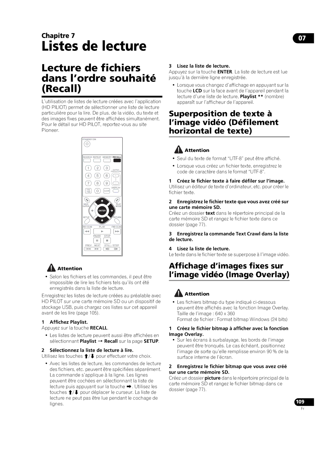 Pioneer HD-V9000 manual Listes de lecture, Lecture de fichiers dans l’ordre souhaité Recall, 109 