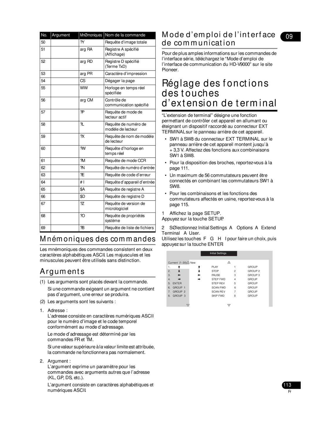 Pioneer HD-V9000 manual Réglage des fonctions des touches d’extension de terminal, Mnémoniques des commandes, 113, Adresse 