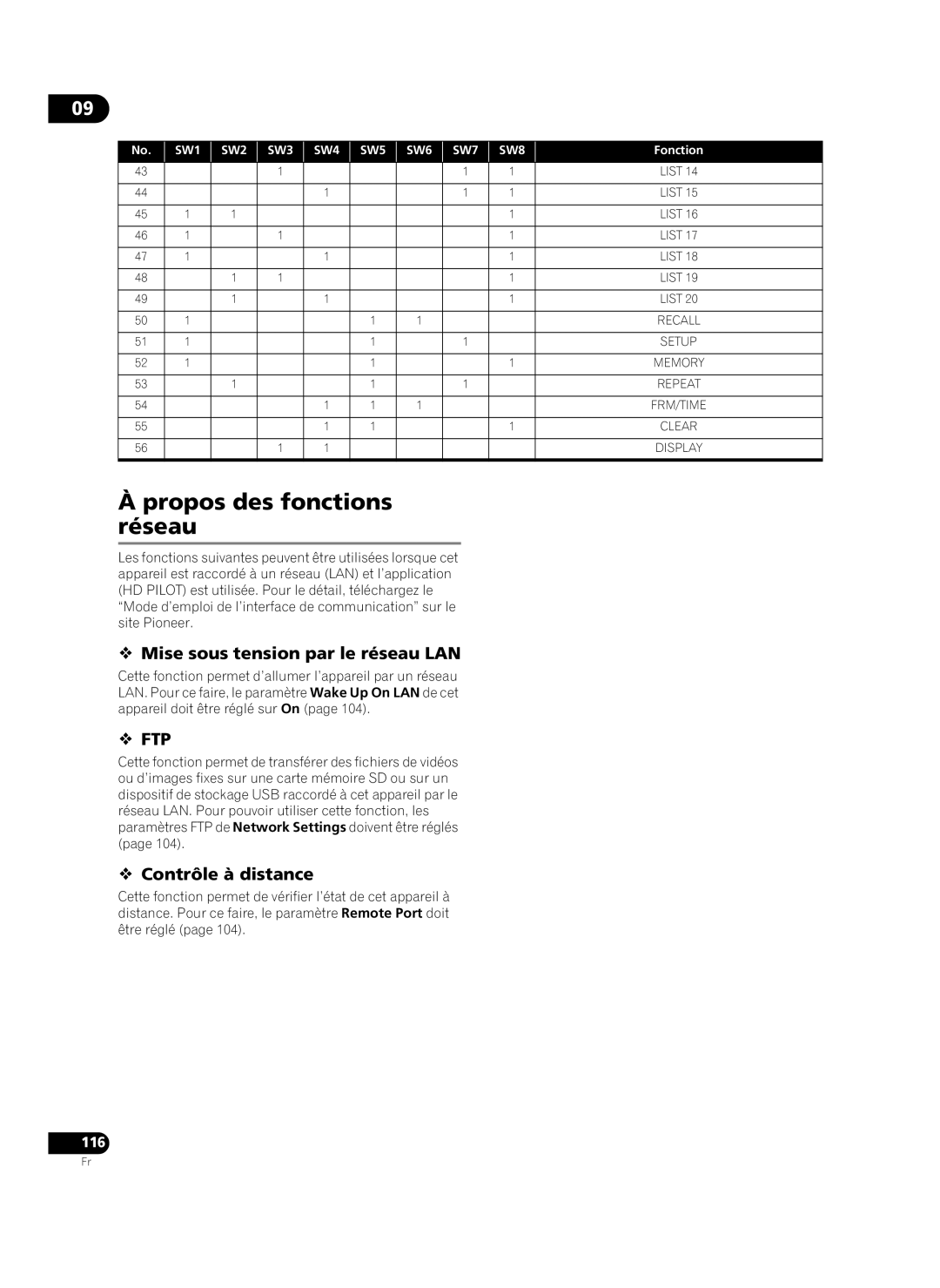 Pioneer HD-V9000 manual Propos des fonctions réseau,  Mise sous tension par le réseau LAN,  Contrôle à distance, 116 