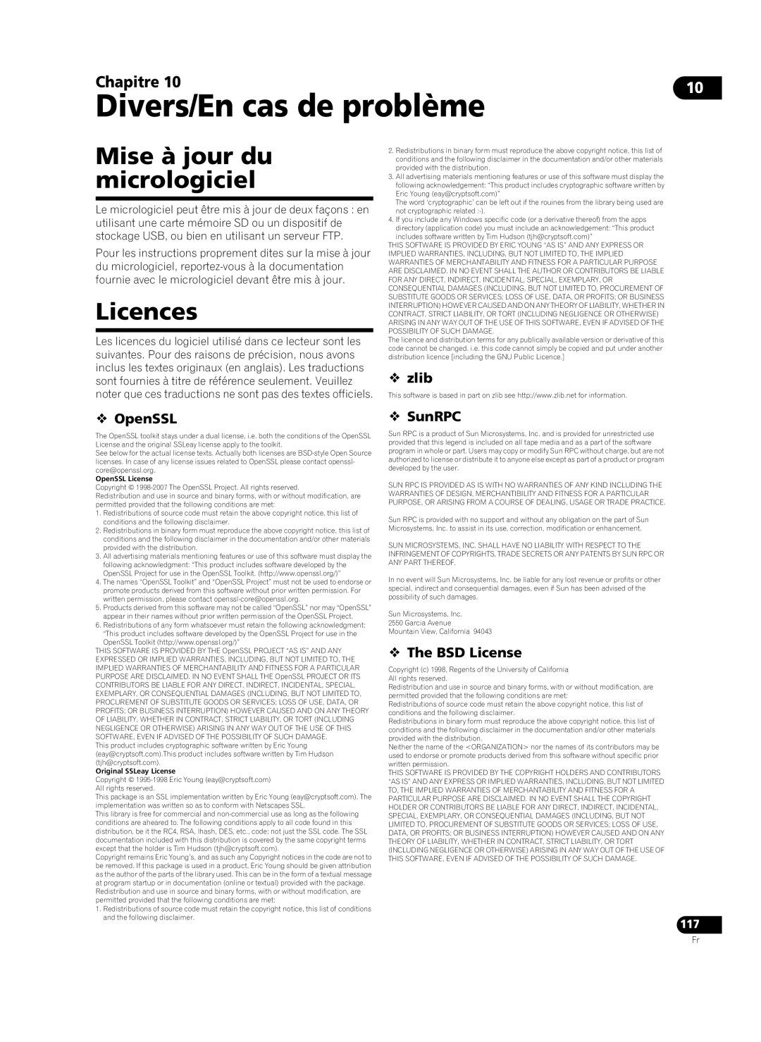 Pioneer HD-V9000 manual Divers/En cas de problème, Mise à jour du micrologiciel, Licences,  zlib  OpenSSL, 117 