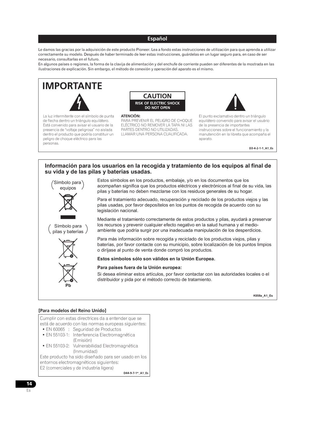 Pioneer HD-V9000 manual Español, Para modelos del Reino Unido 