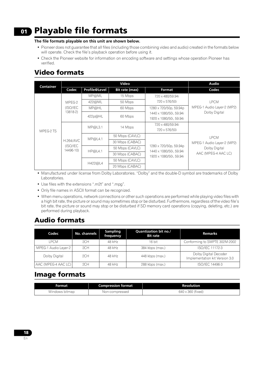 Pioneer HD-V9000 manual Playable file formats, Video formats, Audio formats, Image formats 