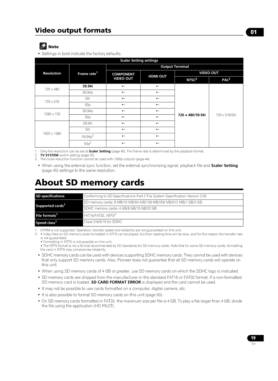 Pioneer HD-V9000 manual About SD memory cards, Settings in bold indicate the factory defaults, Frame rate1 