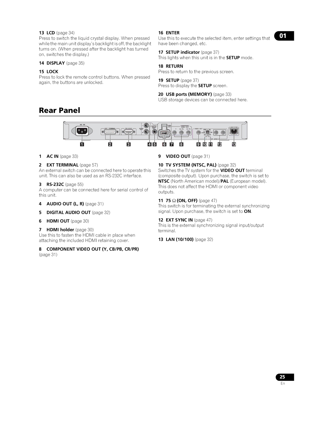 Pioneer HD-V9000 manual Rear Panel 