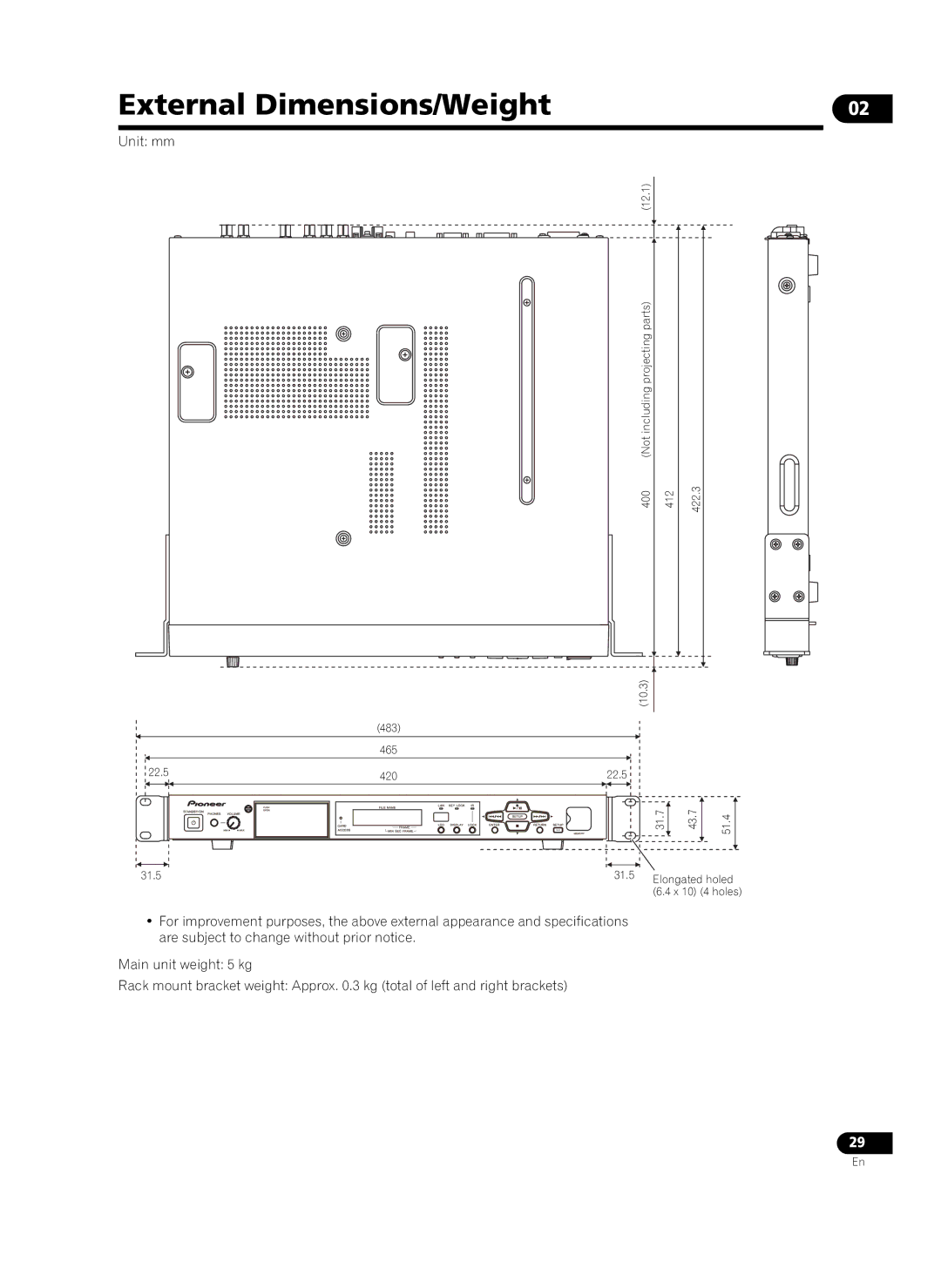 Pioneer HD-V9000 manual External Dimensions/Weight, Unit mm 