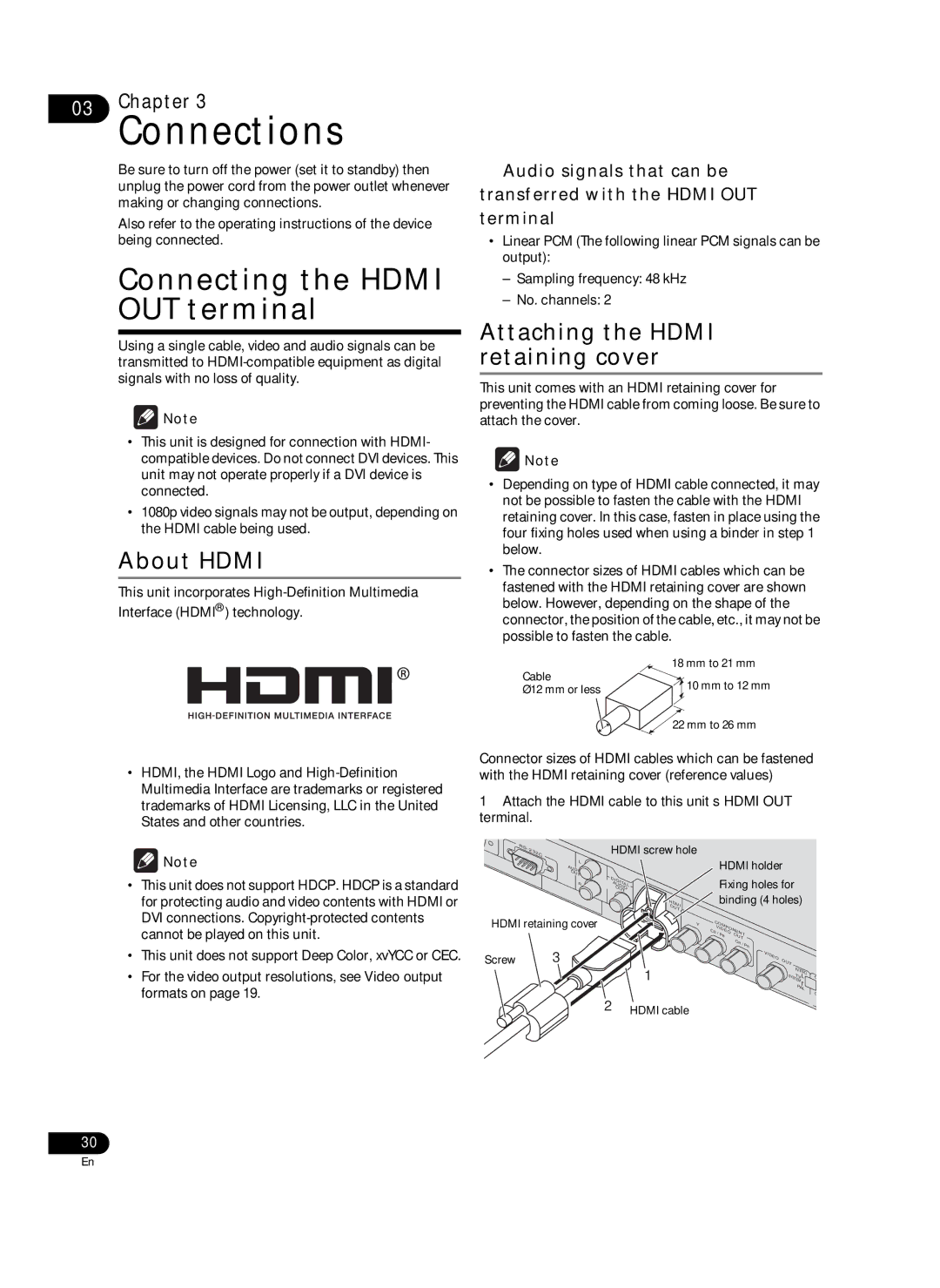 Pioneer HD-V9000 manual Connections, Connecting the Hdmi OUT terminal, About Hdmi, Attaching the Hdmi retaining cover 