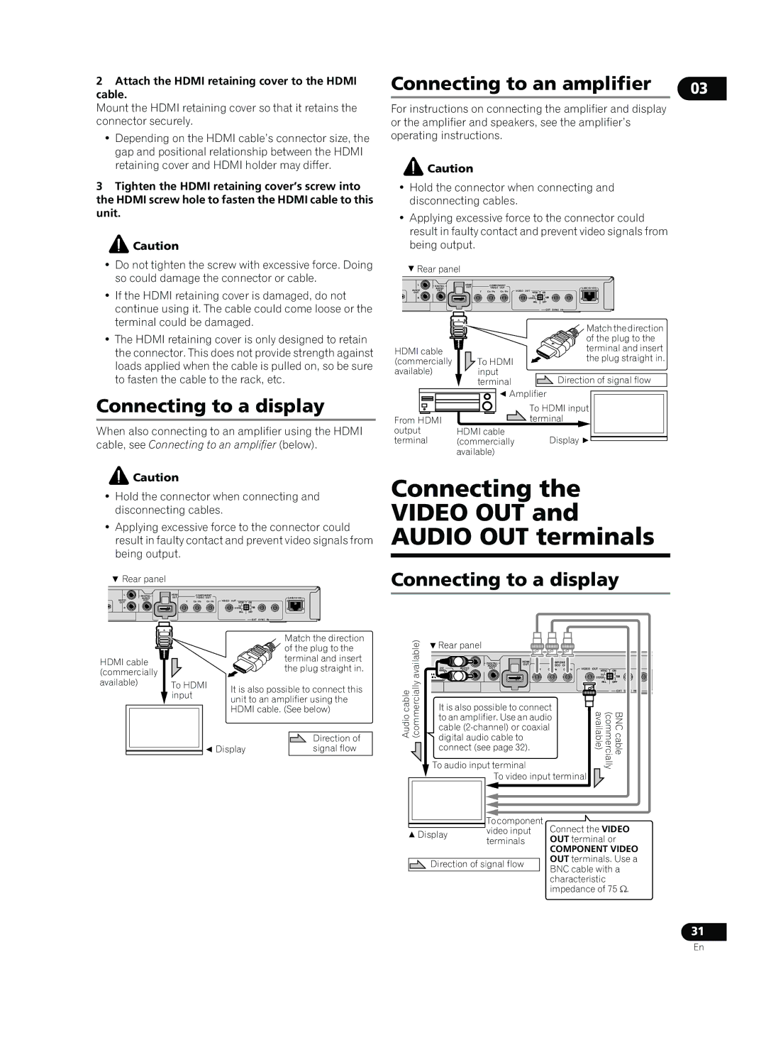 Pioneer HD-V9000 manual Connecting Video OUT and Audio OUT terminals, Connecting to a display 