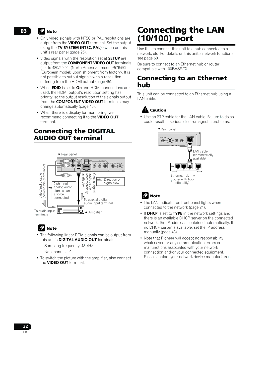 Pioneer HD-V9000 Connecting the LAN 10/100 port, Connecting the Digital, Connecting to an Ethernet hub, Audio OUT terminal 