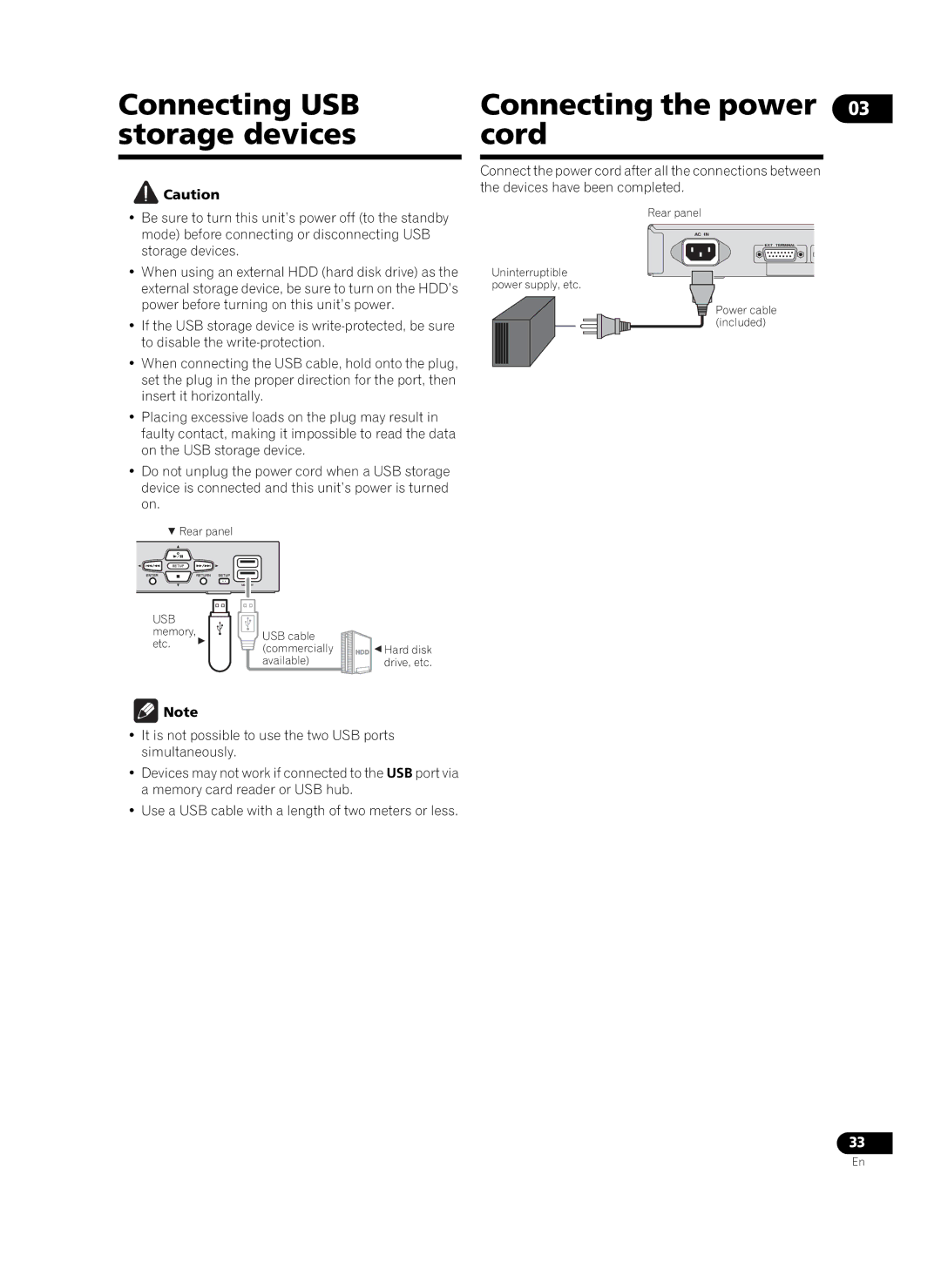 Pioneer HD-V9000 manual Connecting USB storage devices, Connecting the power 03 cord 