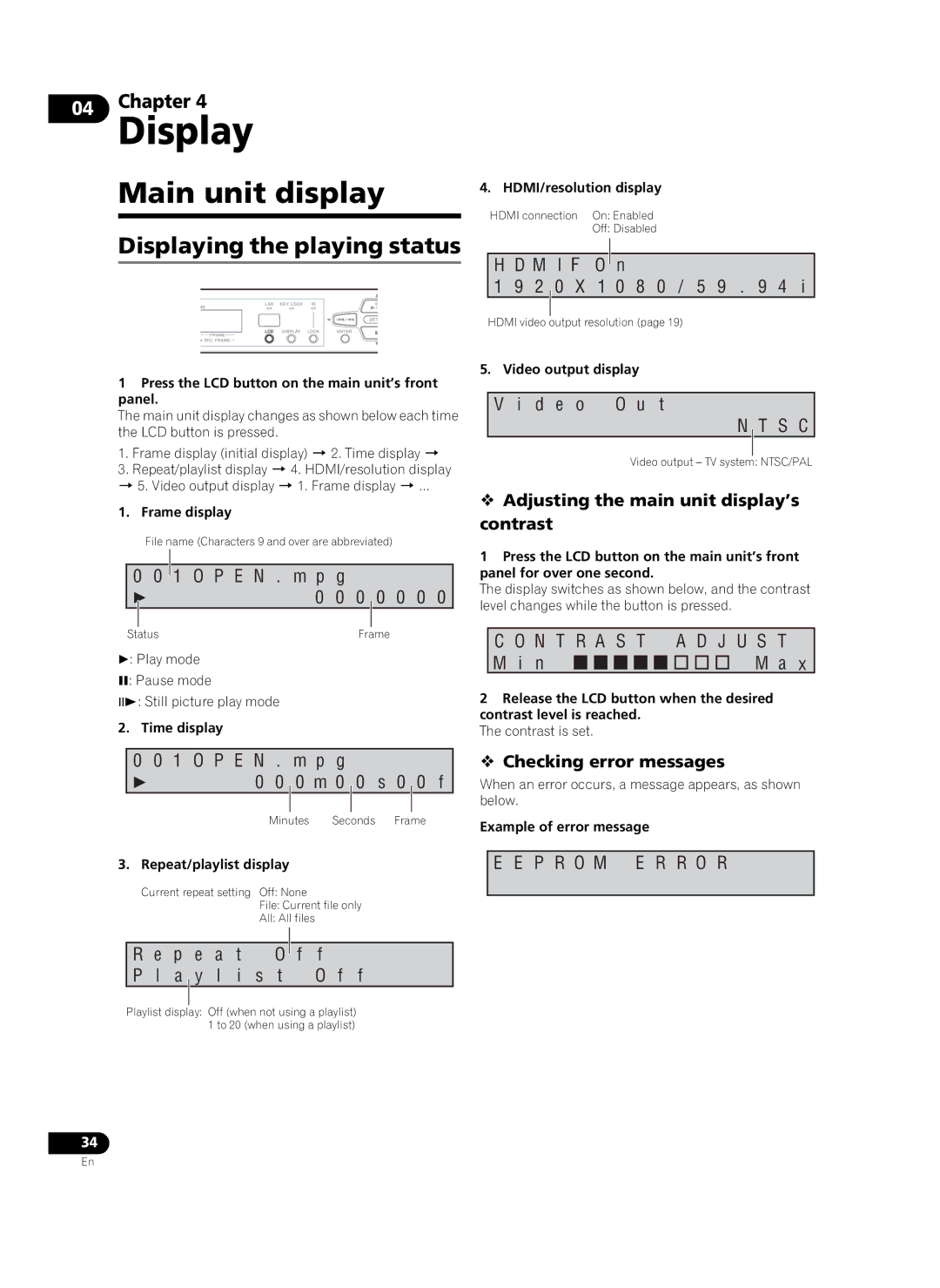 Pioneer HD-V9000 manual Main unit display, Displaying the playing status,  Adjusting the main unit display’s contrast 