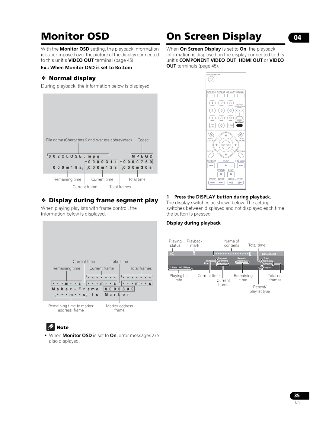 Pioneer HD-V9000 manual  Normal display,  Display during frame segment play, Ex. When Monitor OSD is set to Bottom 