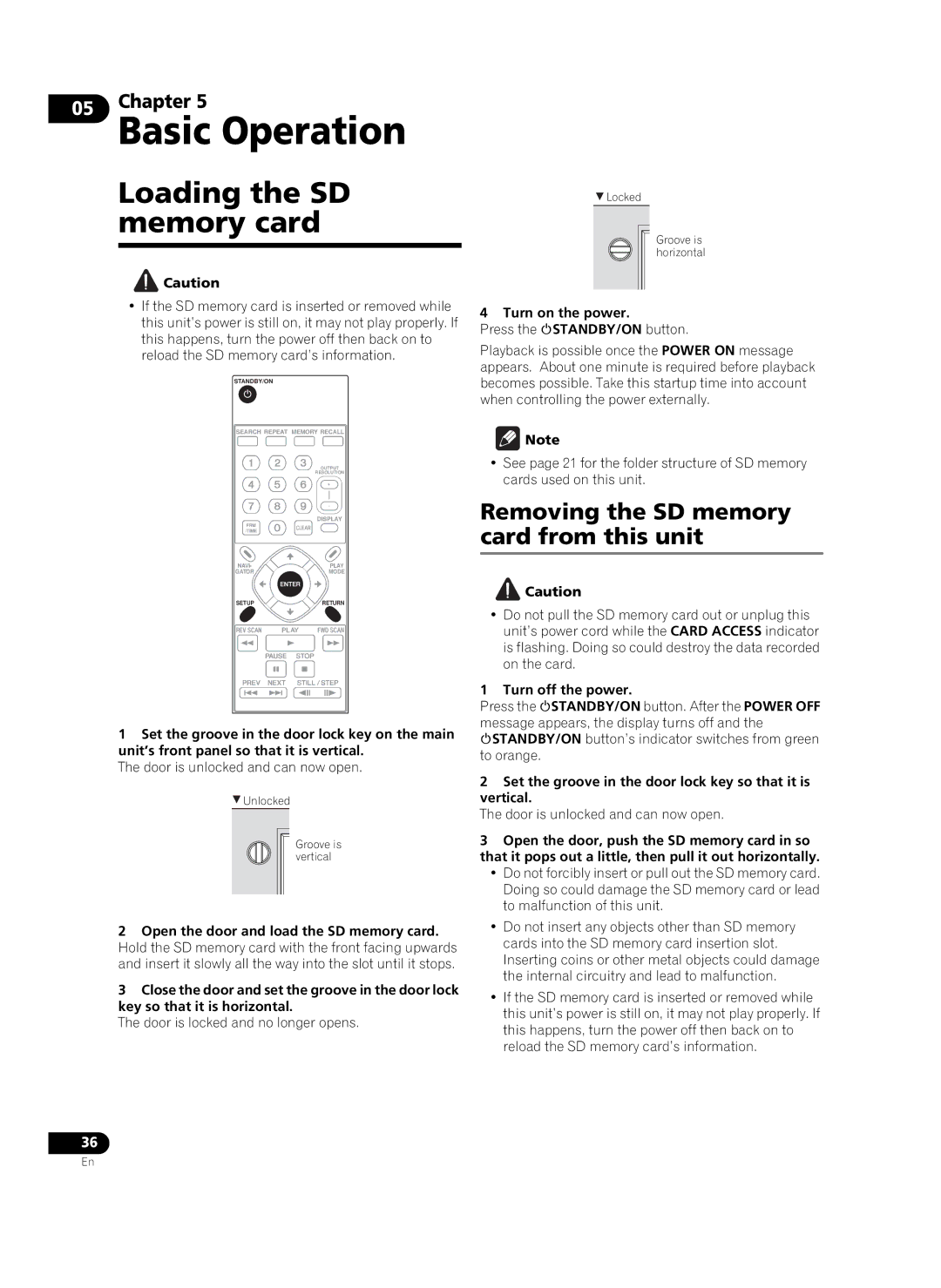 Pioneer HD-V9000 manual Basic Operation, Loading the SD memory card, Removing the SD memory card from this unit 