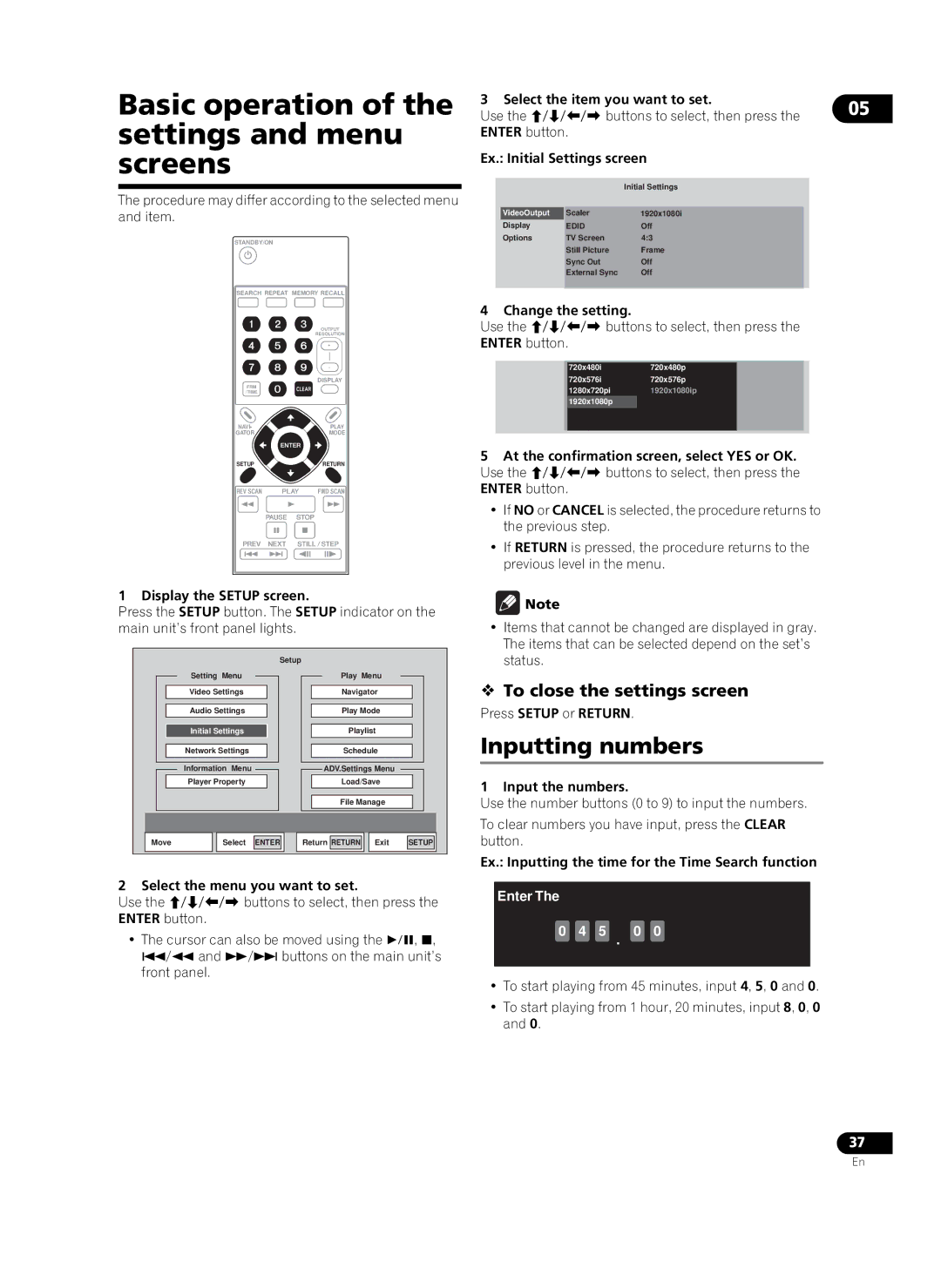 Pioneer HD-V9000 manual Basic operation of the settings and menu screens, Inputting numbers,  To close the settings screen 