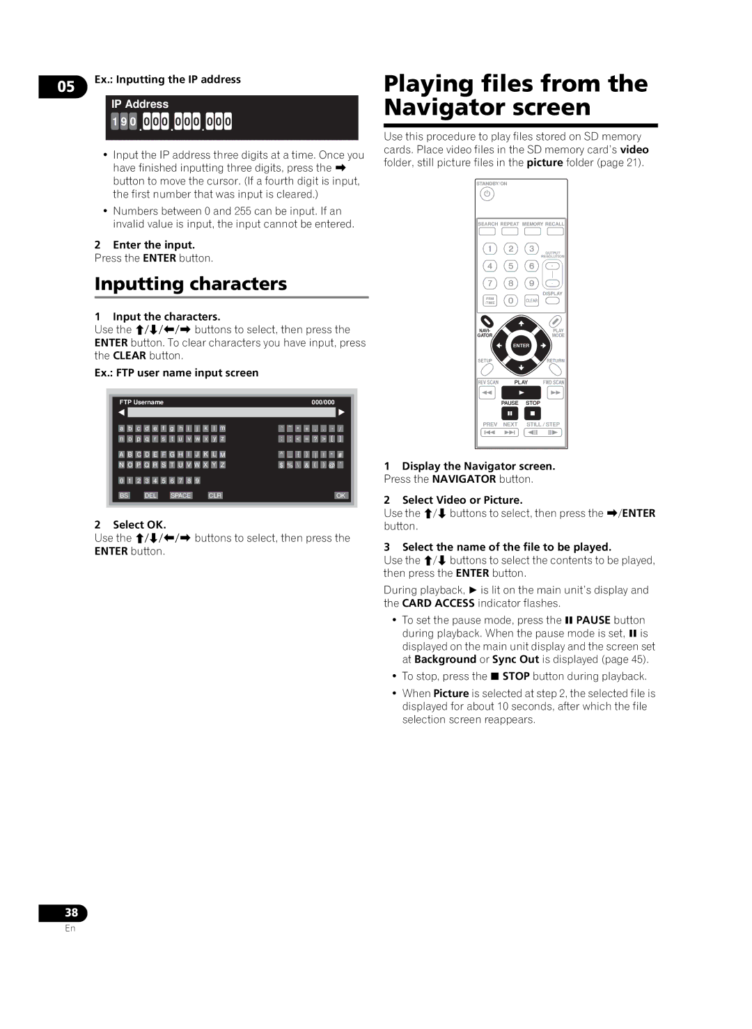 Pioneer HD-V9000 manual Playing files from the Navigator screen, Inputting characters 