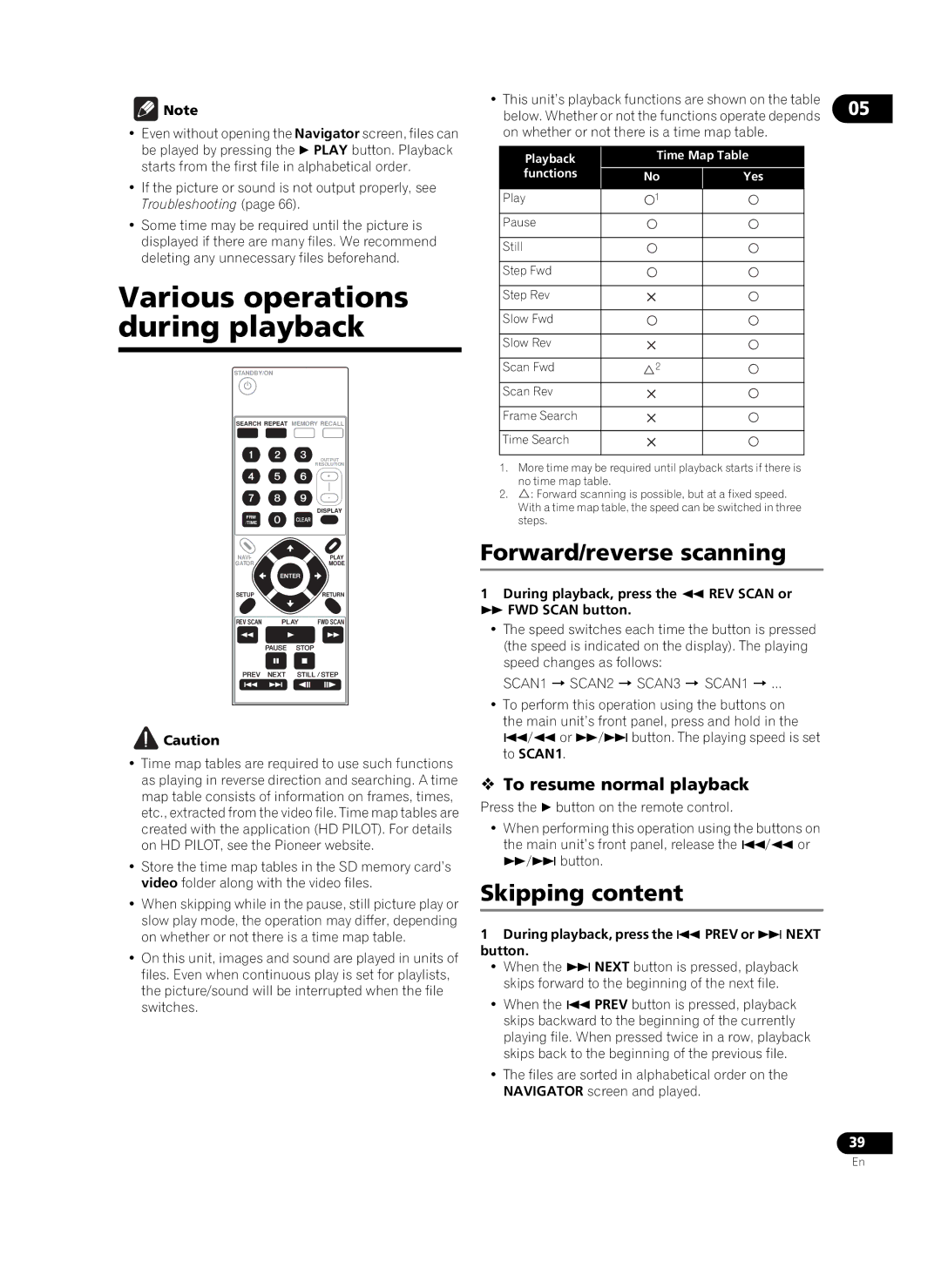 Pioneer HD-V9000 manual Various operations during playback, Forward/reverse scanning, Skipping content 