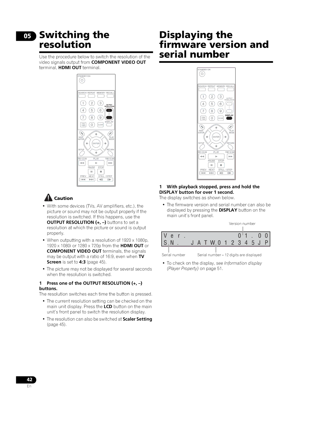 Pioneer HD-V9000 manual Switching the resolution, Displaying the firmware version and serial number 