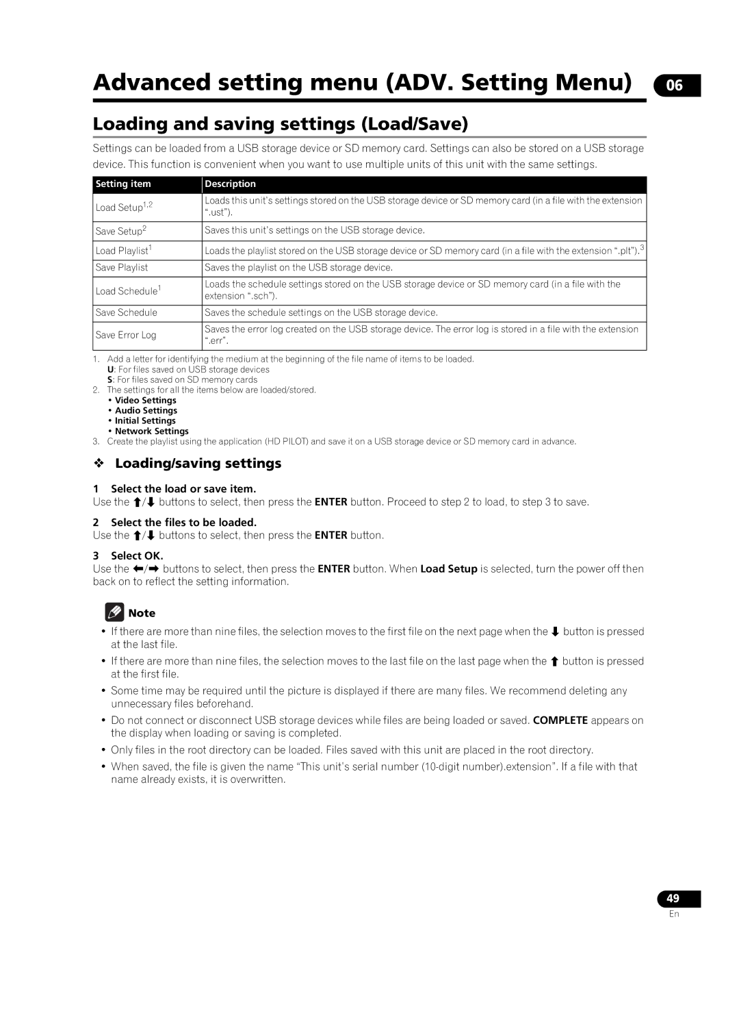 Pioneer HD-V9000 Advanced setting menu ADV. Setting Menu, Loading and saving settings Load/Save,  Loading/saving settings 