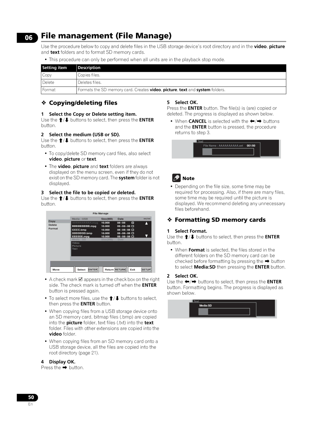 Pioneer HD-V9000 manual File management File Manage,  Copying/deleting files,  Formatting SD memory cards 