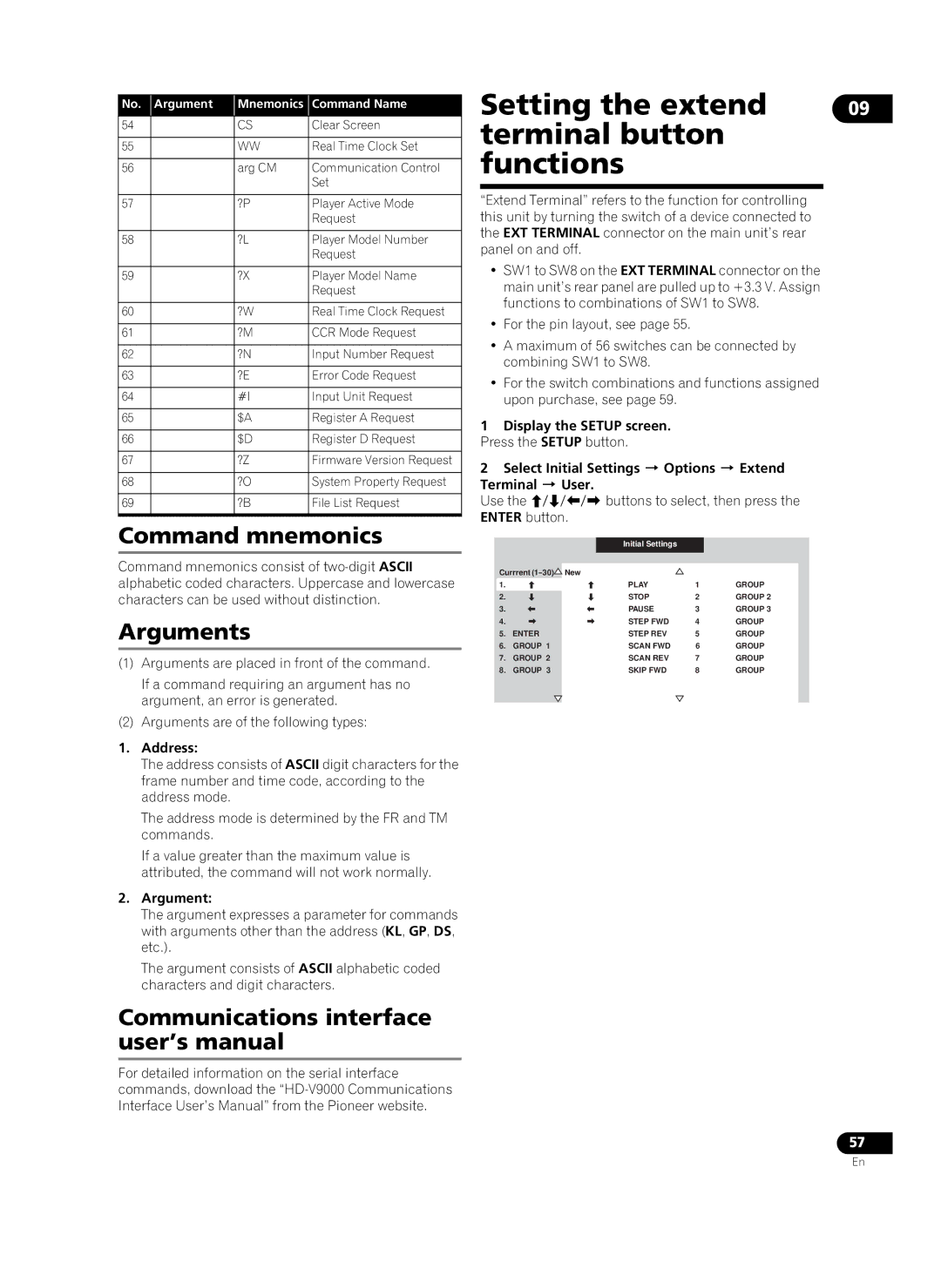 Pioneer HD-V9000 Terminal button functions, Command mnemonics, Arguments, Communications interface user’s manual 