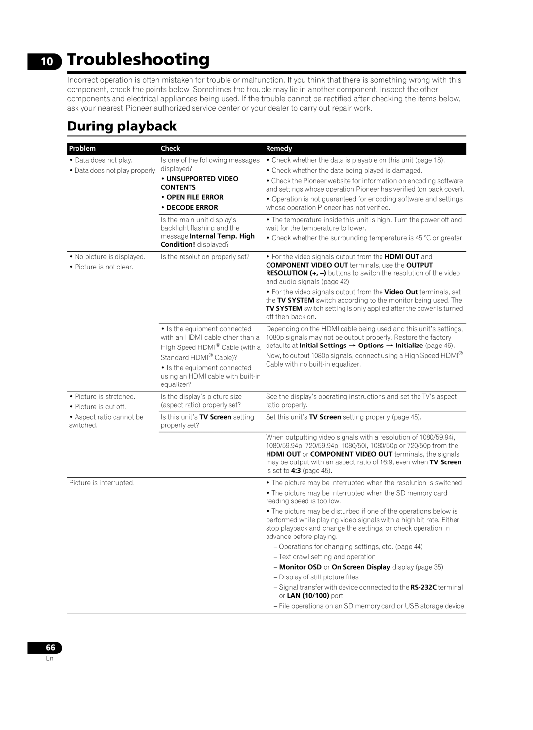 Pioneer HD-V9000 manual Troubleshooting, During playback, Problem Check Remedy 