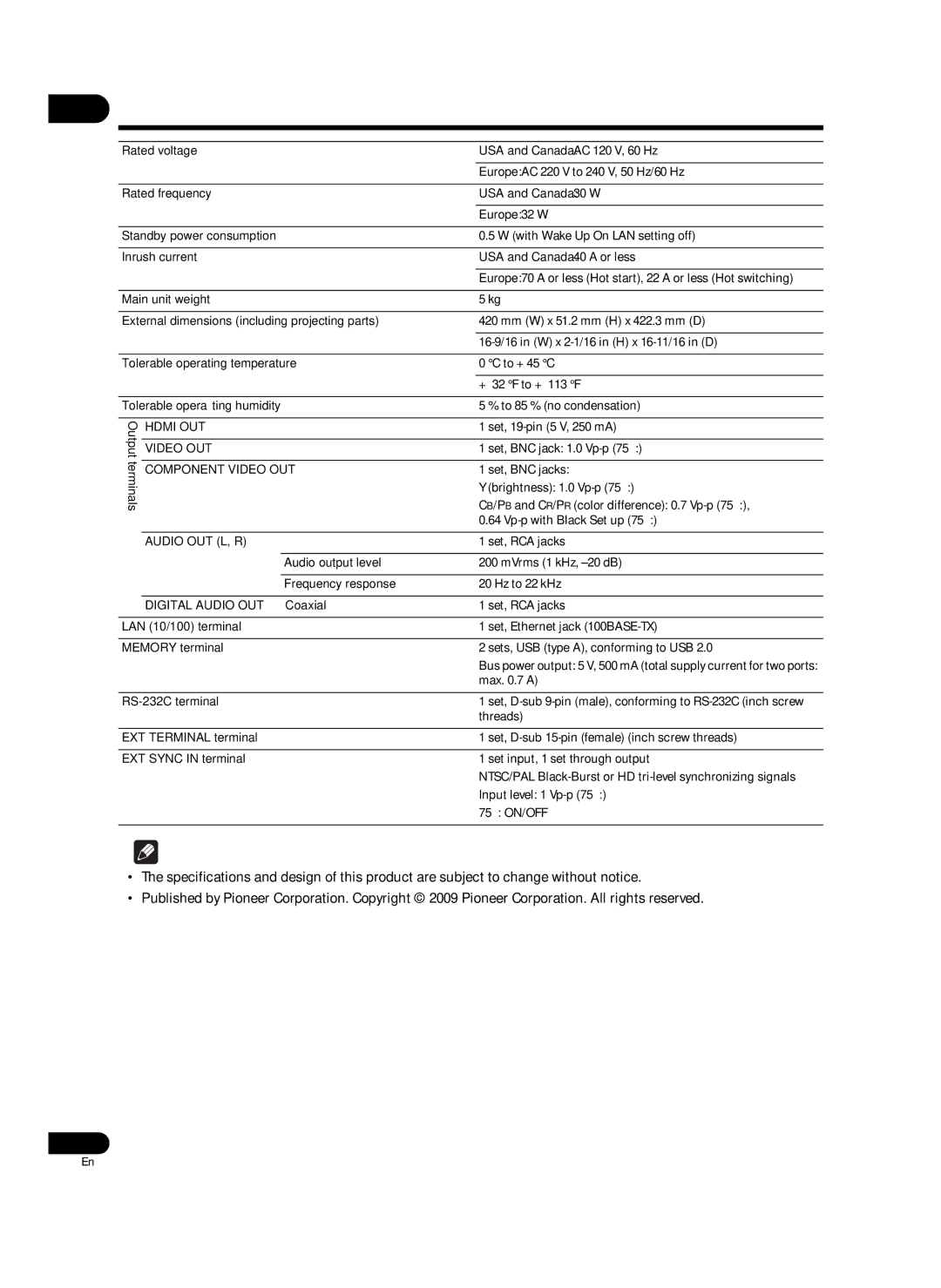 Pioneer HD-V9000 manual Specifications, Component Video OUT 