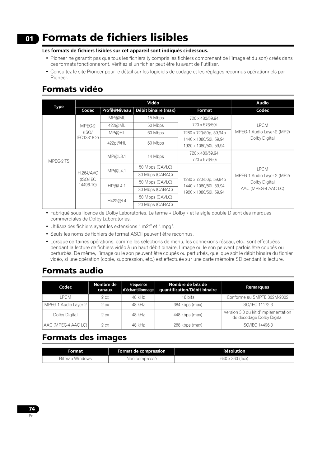 Pioneer HD-V9000 manual Formats de fichiers lisibles, Formats vidéo, Formats audio, Formats des images 