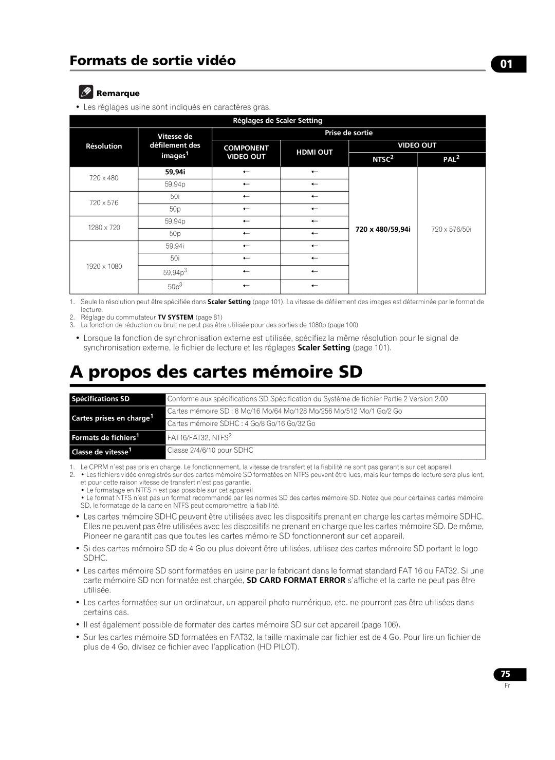 Pioneer HD-V9000 manual Propos des cartes mémoire SD, Remarque, Les réglages usine sont indiqués en caractères gras 