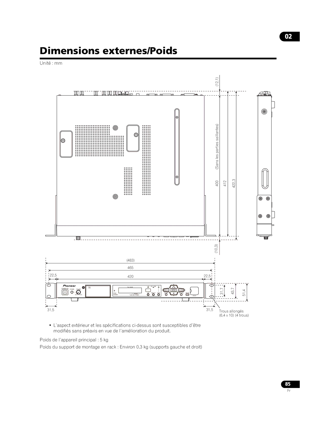 Pioneer HD-V9000 manual Dimensions externes/Poids, Unité mm 